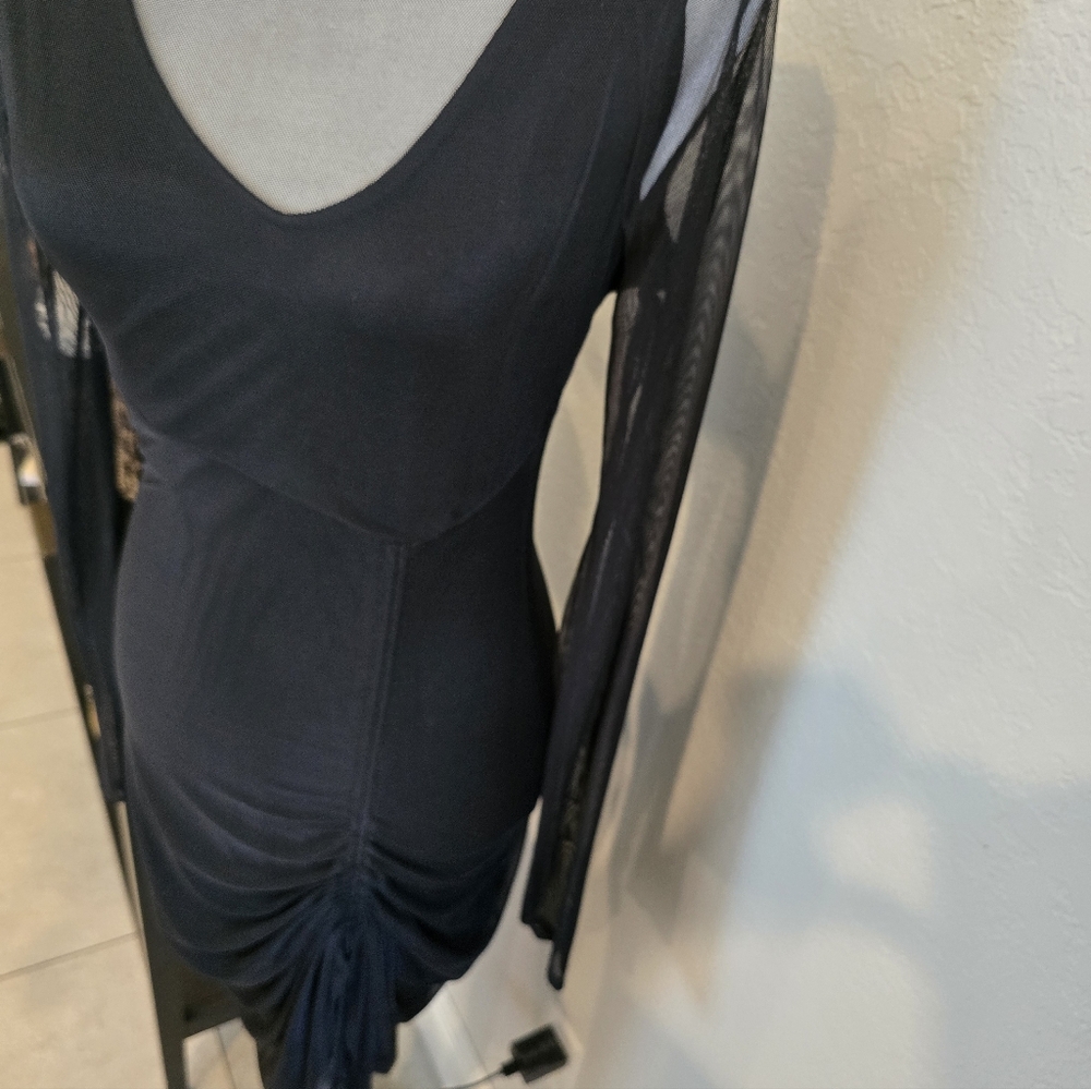 Bebe Women's Black Long Sleeve Mesh Ruched Bodycon Dress M - Picture 6 of 9